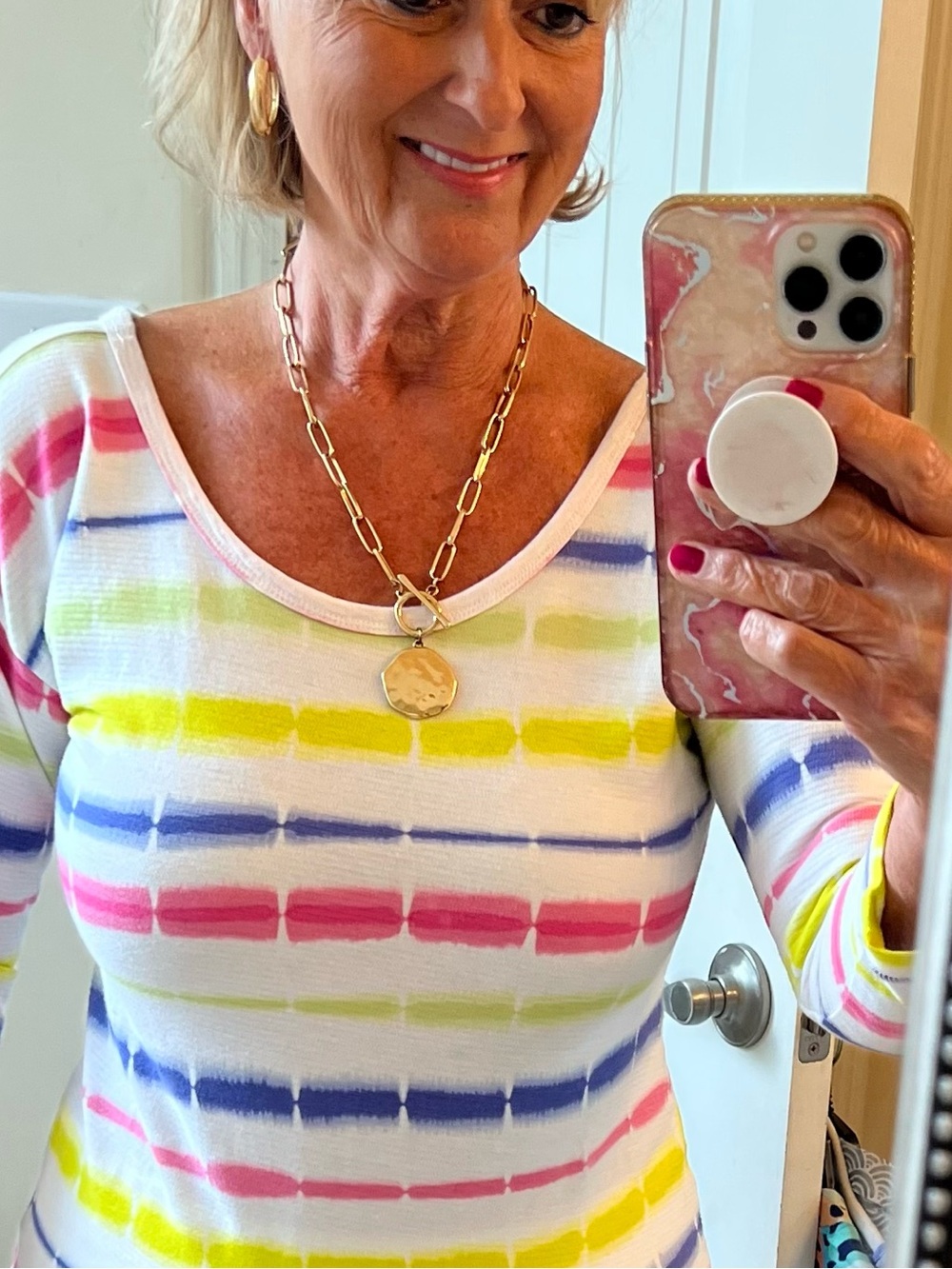 Talbots Pastel Striped Crewneck Top - White, Pink, Yellow, Blue, Green